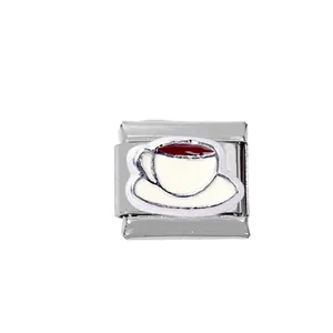 Eslabón de pulsera italiana con dije de taza de café 3D en esmalte y acero inoxidable 304