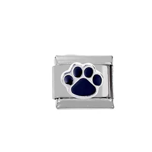 Detail of 304 stainless steel Italian charm link featuring a black paw print design