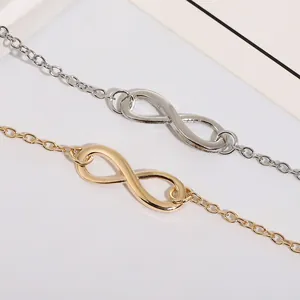 Bracelets infini minimalistes en or et argent sur un fond blanc épuré et moderne