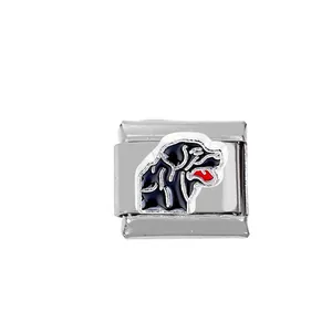 Macro detail of Italian charm link featuring a black dog head with red tongue in 304 steel