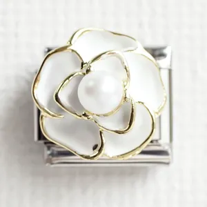 Italian charm bracelet link with gold camellia flower and central white pearl accent