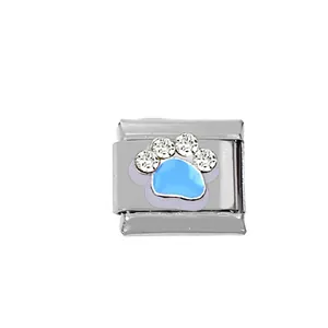 Detailed close-up of 304 stainless steel Italian charm link with blue paw and crystals