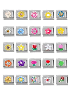 Detailed grid of 25 flower charm links in stainless steel with colorful oil drip designs