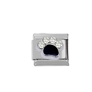 Macro view of 304 stainless steel Italian charm bracelet with black paw print and rhinestones