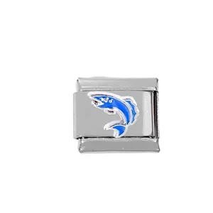 Detail of 304 stainless steel Italian charm link with blue fish enamel design