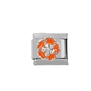 Italian charm link with orange enamel flower and white zircons in stainless steel