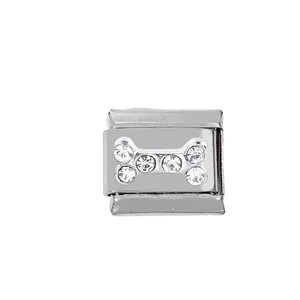 Close-up of 304 stainless steel bone charm with inlaid crystals for modular bracelets
