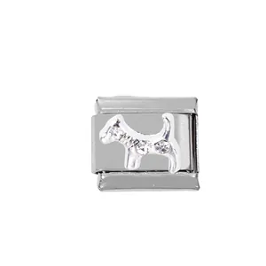 Close-up of silver puppy charm link with crystals for stainless steel Italian bracelet