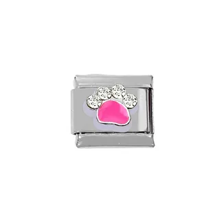 Detail of pink enamel dog paw charm with white crystals on a 304 stainless steel bracelet