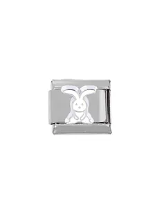 Detail of 304 stainless steel modular link charm with a cute white enamel rabbit design