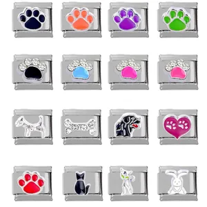 304 Stainless Steel Italian Charm Links Dog Paw Enamel Heart Cat Bone Modular Bracelet Charms DIY Jewelry Accessories