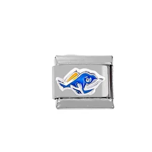 Detail of 304 stainless steel Italian charm link with blue and yellow dolphin design