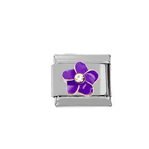 Detail of Italian charm link featuring purple enamel flower and zircon in stainless steel