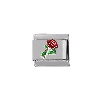 Close-up of a stainless steel Italian link charm with a red rose flower enamel inlay