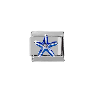 Detail of blue enamel starfish charm with zircon inlay for stainless steel bracelet
