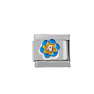 Detail of 304 stainless steel charm link with blue and yellow enamel flower and zircon