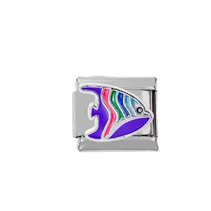 Macro detail of Italian 304 stainless steel charm link with colorful tropical fish enamel