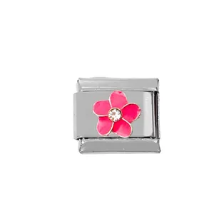 Pink enamel flower charm with rhinestone center for modular stainless steel bracelets