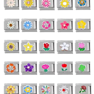 304 Stainless Steel Flower Italian Charm Links For DIY Bracelet Jewelry Making Enamel Rhinestone Daisy Rose Sunflower Charm Accessories