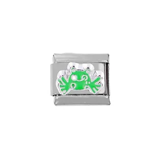 Detail view of Italian charm link featuring a green enamel cartoon frog in 304 stainless steel