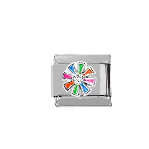 Italian charm link in stainless steel featuring a colorful enamel flower and crystal