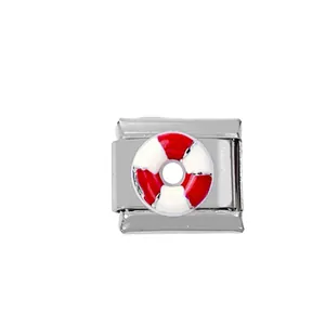 Macro view of 304 stainless steel Italian charm link with a red and white lifebuoy design