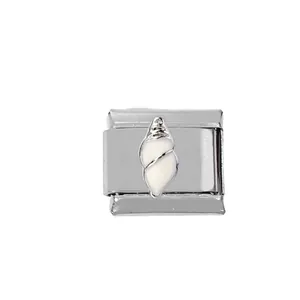 Macro view of modular 304 stainless steel Italian charm link with white seashell design