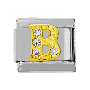 Italienisches Charm-Glied aus 304 Edelstahl mit goldenem Buchstaben B und Kristallen