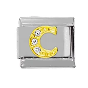 Italienisches Modularmband-Glied mit goldenem Buchstaben C und Kristallbesatz