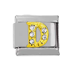 Modulares Edelstahl-Charm-Glied mit kristallbesetztem goldenem Buchstaben D