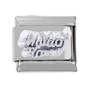 Close-up of stainless steel Italian charm link with engraved Maid of Honor wedding text
