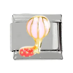 Macro view of Italian charm link featuring a pink hot air balloon in stainless steel