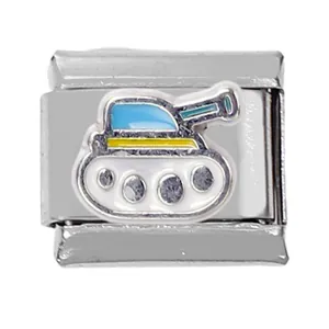 Detail of 304 stainless steel Italian charm link with a colorful enamel cartoon tank