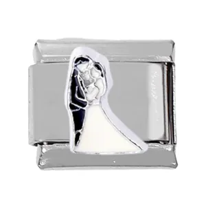 Detailed view of Italian charm link featuring a wedding couple in black and white enamel