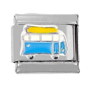Macro view of stainless steel modular Italian charm featuring a vintage bus enamel design