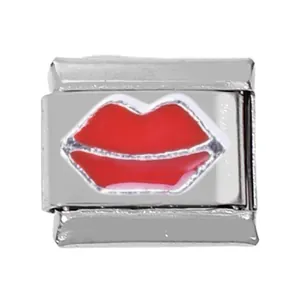 Macro detail of Italian charm link featuring red lips design on stainless steel base