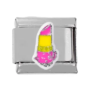 Detail of Italian charm link featuring a pink and yellow enamel lipstick design on steel