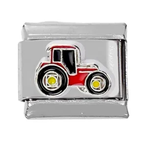 Macro shot of stainless steel modular charm featuring a red tractor with yellow wheels