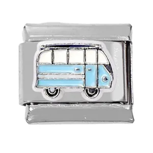 Detailed close-up of light blue vintage van Italian charm link in polished stainless steel