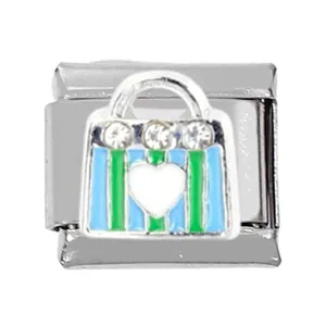 Detail of Italian charm link featuring a striped shopping bag with three small crystals
