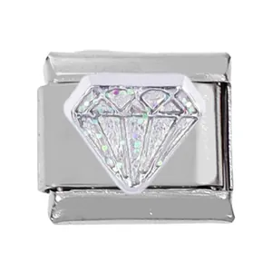 Close-up of Italian charm link in stainless steel with a glittery diamond-shaped inlay