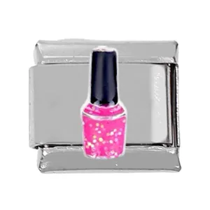 Macro detail of Italian charm link featuring pink glitter nail polish bottle pattern