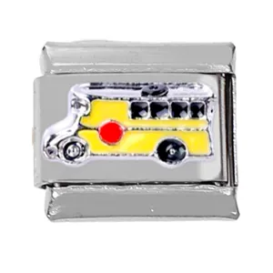 Detail of stainless steel Italian charm link featuring a yellow school bus enamel design