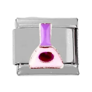 Detailed macro view of a stainless steel Italian charm link with a purple flask design