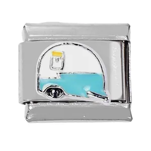 Close-up of 304 stainless steel Italian charm with vintage camper van enamel design