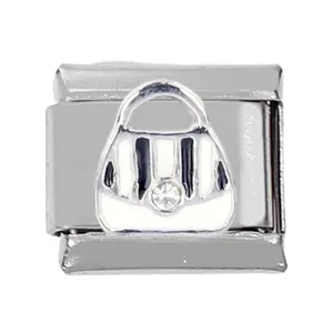 Macro view of stainless steel Italian charm link with striped handbag and zircon inlay
