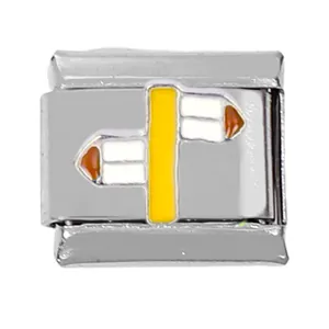 Close-up of a stainless steel Italian charm link with yellow vertical pillar and enamel detail