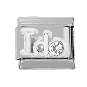 Italian charm bracelet link in stainless steel with I Do text and crystal stone