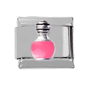 Italian modular charm link in stainless steel with a pink enamel perfume bottle design