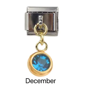 Italian charm link with December blue birthstone and golden accents on stainless steel